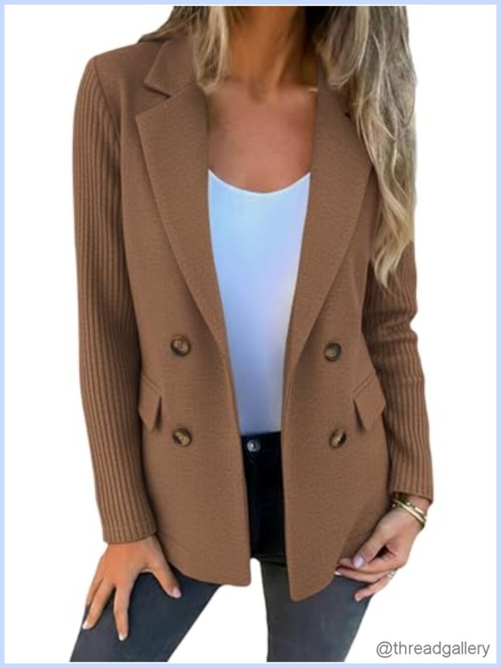 Wool Blend Double-Breasted Sweater Blazer Knit Sleeves Business Casual